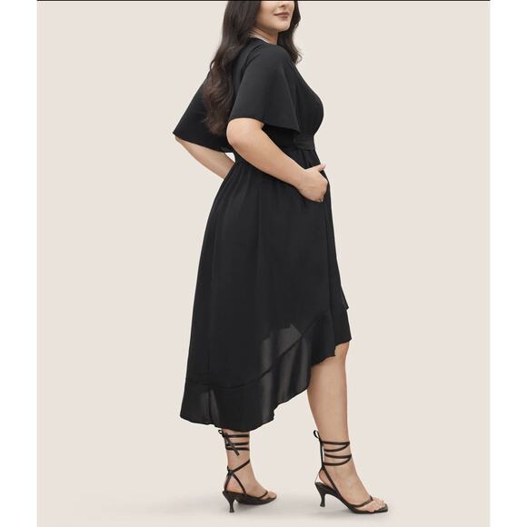 5X 28 Plus Size Black BloomChic Solid Tie Surplice Ruffle High Low Dress - Picture 2 of 7